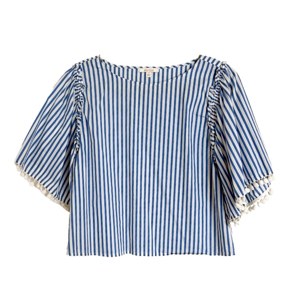 Ella Moss Maggie Mae Blue Striped Blouse with pom pom size small - Picture 2 of 4